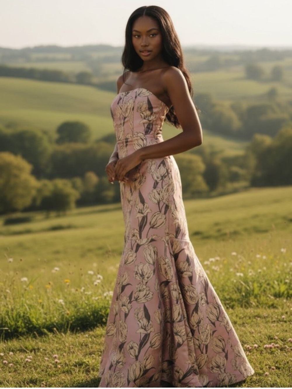 Lulu's Pink Floral Strapless Mermaid Gown